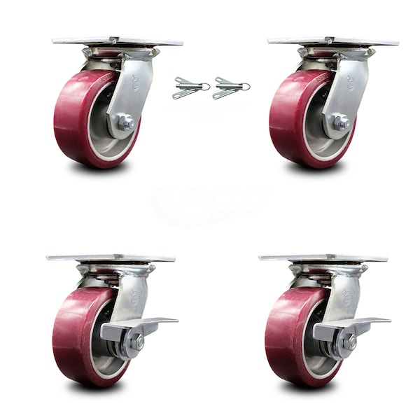 5 Inch Poly on Aluminum Swivel Caster Swivel Locks 2 Brakes, 2PK